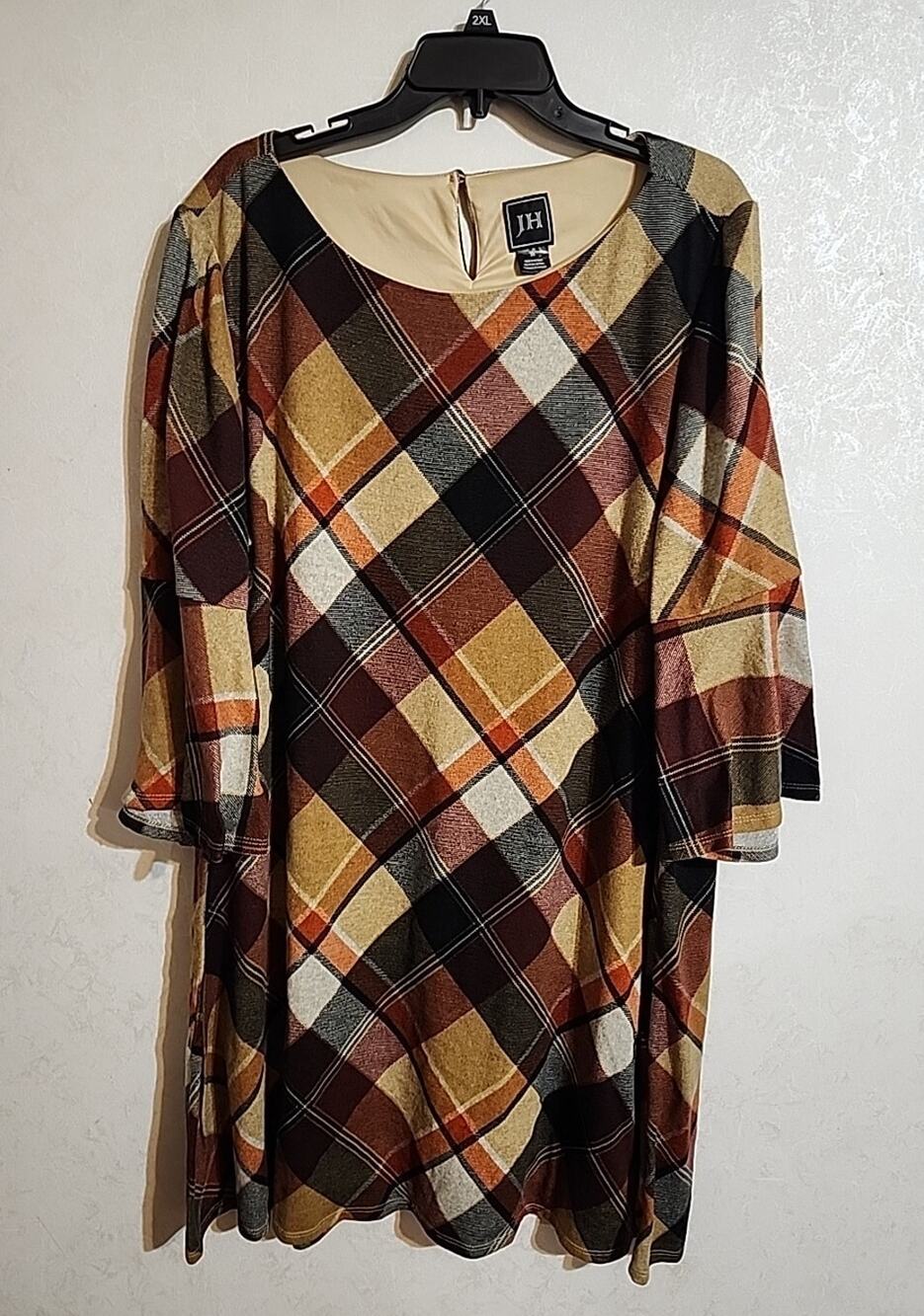 JH Brown Womens Plaid Flannel Dress 3X Reds Browns Lined 3/4 Bell Sleeve